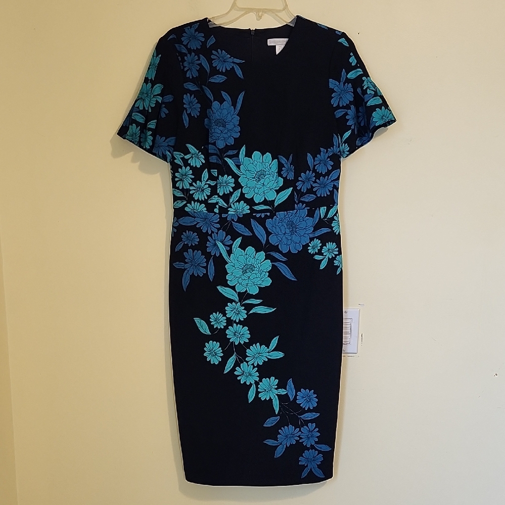 London Times Dress Black Teal  Sheath Retro